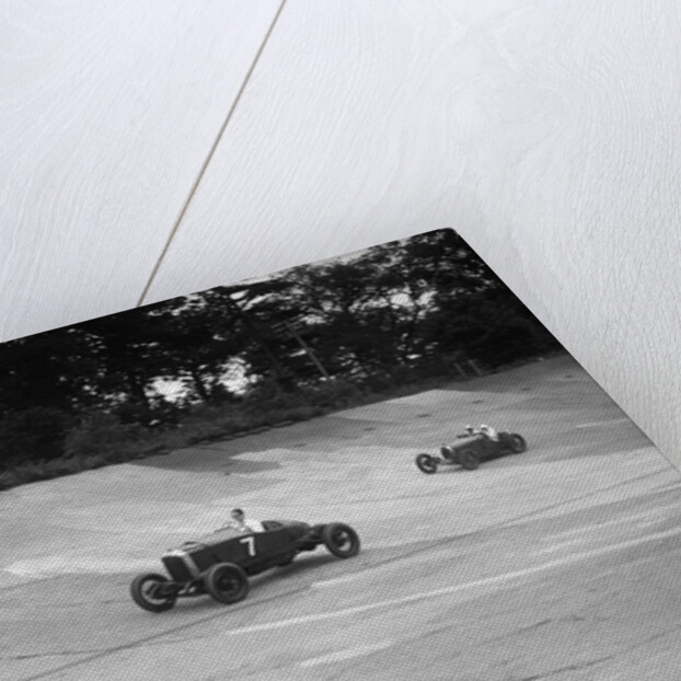Vauxhall 30/98 and Bugatti Type 37 racing on the banking at Brooklands by Bill Brunell