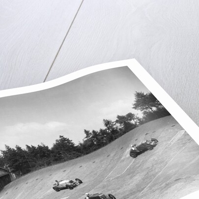 Lea-Francis 1496 cc, MG M type and Invicta 4467 cc racing on the Members Banking at Brooklands by Bill Brunell