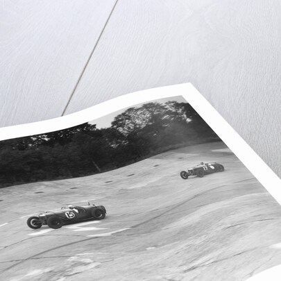 Two Riley 9 Brooklands racing on the banking at a JCC Members Day, Brooklands by Bill Brunell