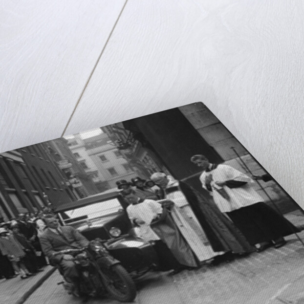 600 cc Douglas motorcycle combination and a Morris Minor at a motor vehicle blessing ceremony by Bill Brunell