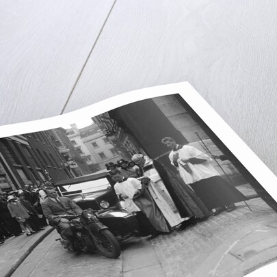 600 cc Douglas motorcycle combination and a Morris Minor at a motor vehicle blessing ceremony by Bill Brunell