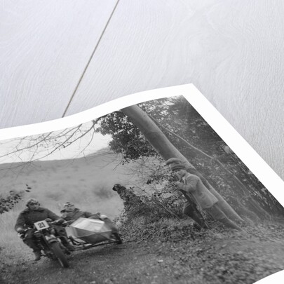 Norton and sidecar ridden by SL Grubb competing in the Inter-Varsity Trial, November 1931 by Bill Brunell