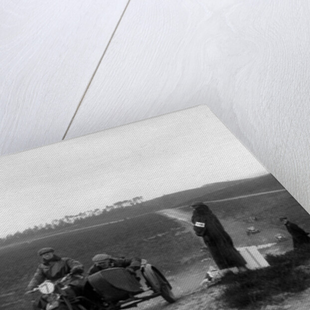Motorcycle and sidecar competing in a motoring trial, Bagshot Heath, Surrey, 1930s by Bill Brunell