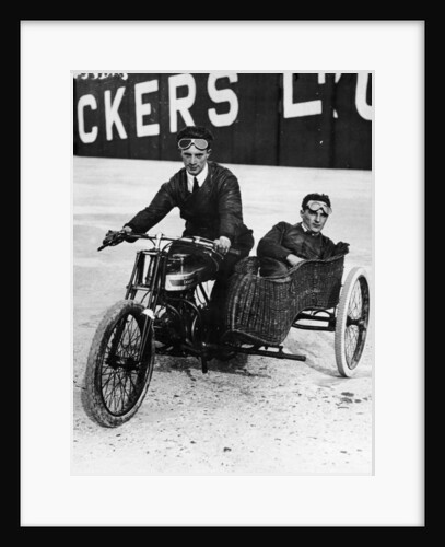 Tudor and Thompson riding a motorcycle and sidecar by Unknown