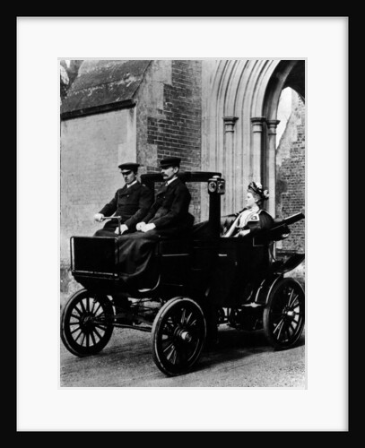 Two chauffeurs driving a convertible City and Suburban electric car by Unknown