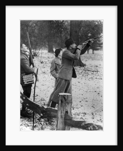 Earl of Shrewsbury, Miss Lane and their chauffeur on a shoot, c1946 by Unknown