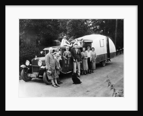 Family group with their 1930 Fiat towing a caravan, (c1930?) by Unknown