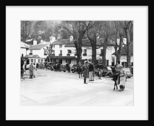 Pedestrians and riders outside the Burford Bridge Hotel, Surrey, (c1930s?) by Unknown