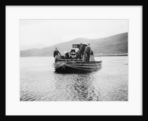 An early ferry transporting a car across a lake by Unknown