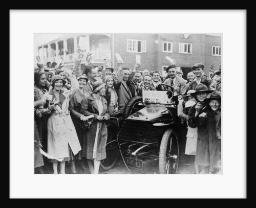 A 1904 Wolseley amidst a crowd of cheering people, Brooklands, Surrey, late 1920s-early 1930s by Unknown
