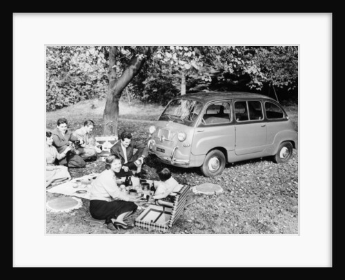People enjoying a picnic beside a 1956 Fiat 600 Multipla, (c1956?) by Unknown
