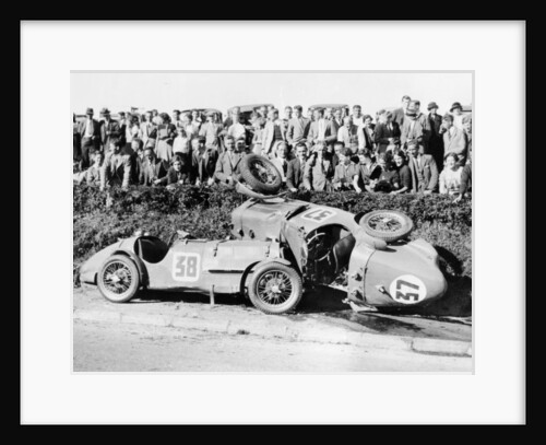 Two crashed cars from the Singer Nine team, possibly at a TT race by Anonymous