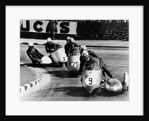 Fritz Scheidegger, Walter Schneider and Helmut Fath competing in a sidecar race, 1959 by Unknown