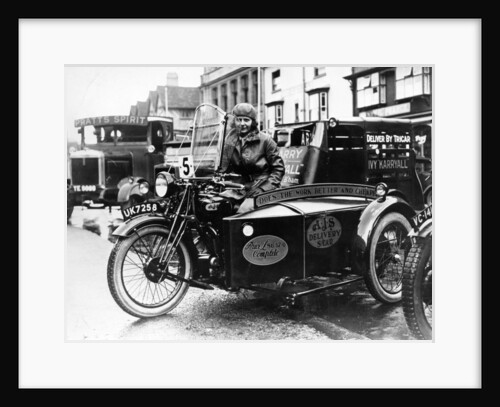 Woman riding a 1929 500cc AJS motorbike, (c1929?) by Unknown