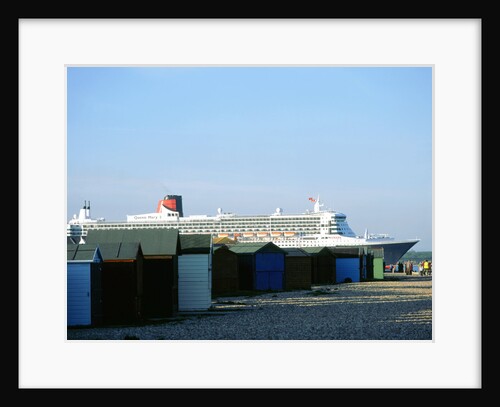 Queen Mary II sails past Beach Huts, Calshot May 2004 by Unknown