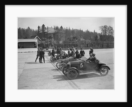Morris, Morgan and Crouch cars on the start line of a motor race, Brooklands, 1914 by Bill Brunell