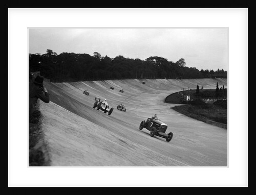 Bentley leading a Barnato-Hassan Special and a Jensen, October Long Handicap, Brooklands, 1938 by Bill Brunell