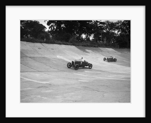 Vauxhall 30/98 and Bugatti Type 37 racing on the banking at Brooklands by Bill Brunell