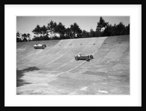 Two Bugatti Type 35s racing on the Members Banking at Brooklands by Bill Brunell