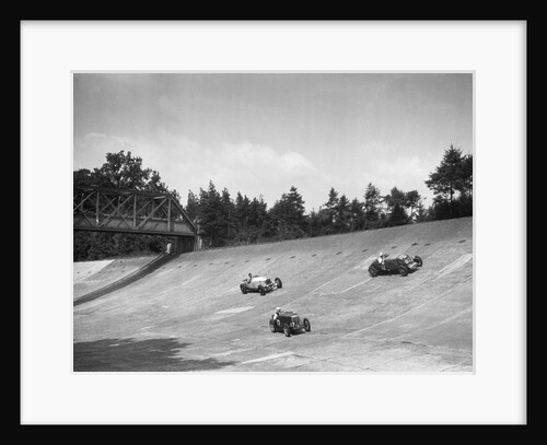 Lea-Francis 1496 cc, MG M type and Invicta 4467 cc racing on the Members Banking at Brooklands by Bill Brunell