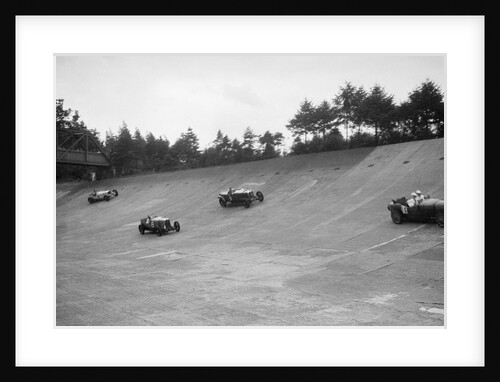 Bugatti Type 43, Sunbeam and Invicta racing on the Members Banking at Brooklands by Bill Brunell