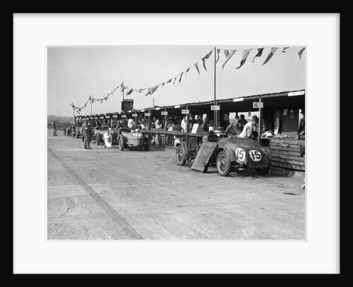 Talbot 105 and Lea-Francis cars in the pits at the JCC Double Twelve race, Brooklands, 8/9 May 1931 by Bill Brunell
