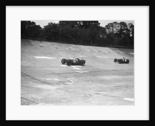 Two Riley 9 Brooklands racing on the banking at a JCC Members Day, Brooklands by Bill Brunell