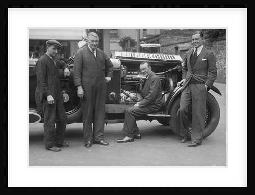 Four men posing beside a Minerva car by Bill Brunell