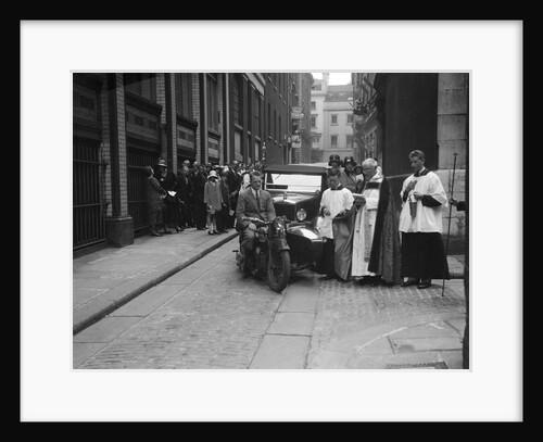600 cc Douglas motorcycle combination and a Morris Minor at a motor vehicle blessing ceremony by Bill Brunell
