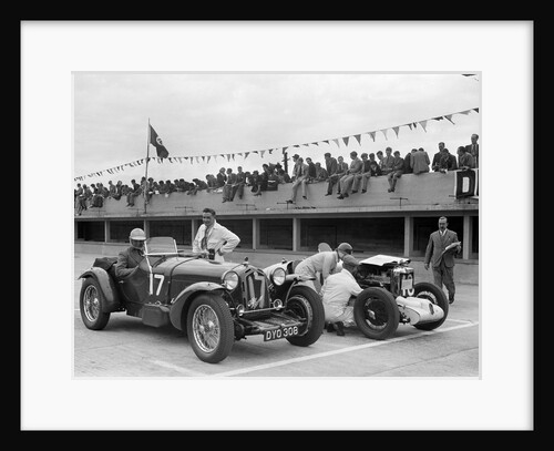 Alfa Romeo and supercharged MG Midget on the start line at Brooklands, 1938 or 1939 by Bill Brunell