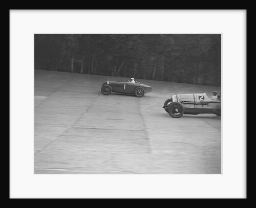 Bugatti of Kaye Don and Delage of J Taylor, Surbiton Motor Club race meeting, Brooklands, 1928 by Bill Brunell