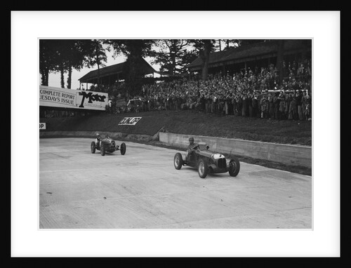 Maserati leading Charles Mortimer's Bugatti Type 35B at Brooklands, Surrey, 1939 by Bill Brunell