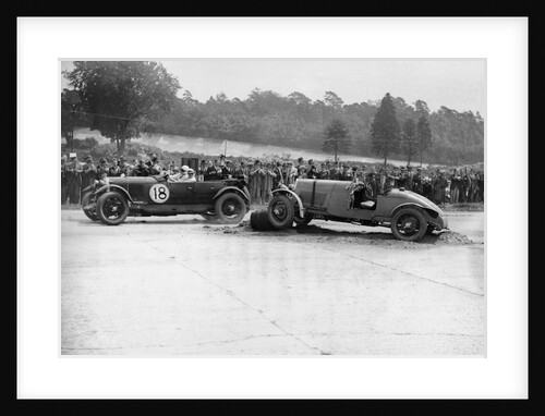 Lagonda passing R Childe's crashed Lea-Francis, BARC 6-Hour Race, Brooklands, Surrey, 1929, by Bill Brunell