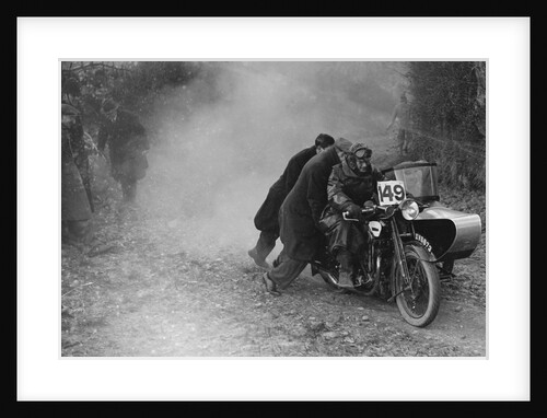 Motorcycle and sidecar receiving a push during a trial, c1930s by Bill Brunell