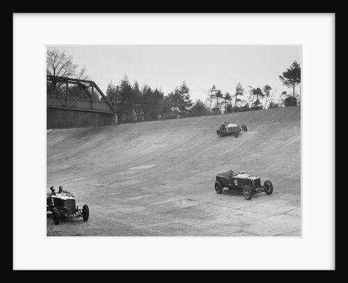Bentley of Major H Butler and Sunbeam of BO Davis racing at a BARC meeting, Brooklands, 1930 by Bill Brunell