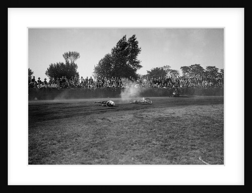 Fallen rider in a speedway race at Lea Bridge Stadium, Leyton, London, 1928. by Bill Brunell