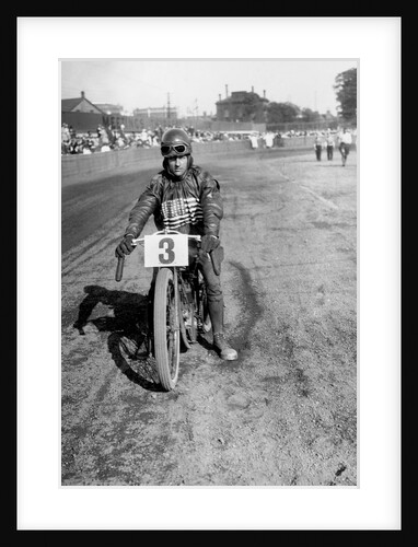 American speedway rider Art Pecha on his Harley-Davidson, Lea Bridge Stadium, Leyton, London, 1928 by Bill Brunell