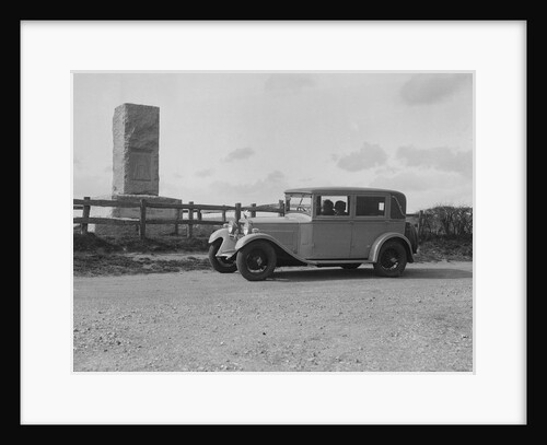 Kitty Brunell's Bianchi saloon beside the Cricket Monument, Hambledon, Hampshire, 1930s by Bill Brunell