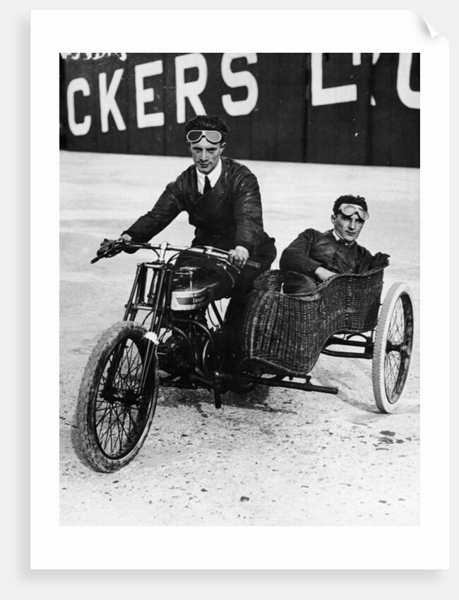 Tudor and Thompson riding a motorcycle and sidecar by Unknown