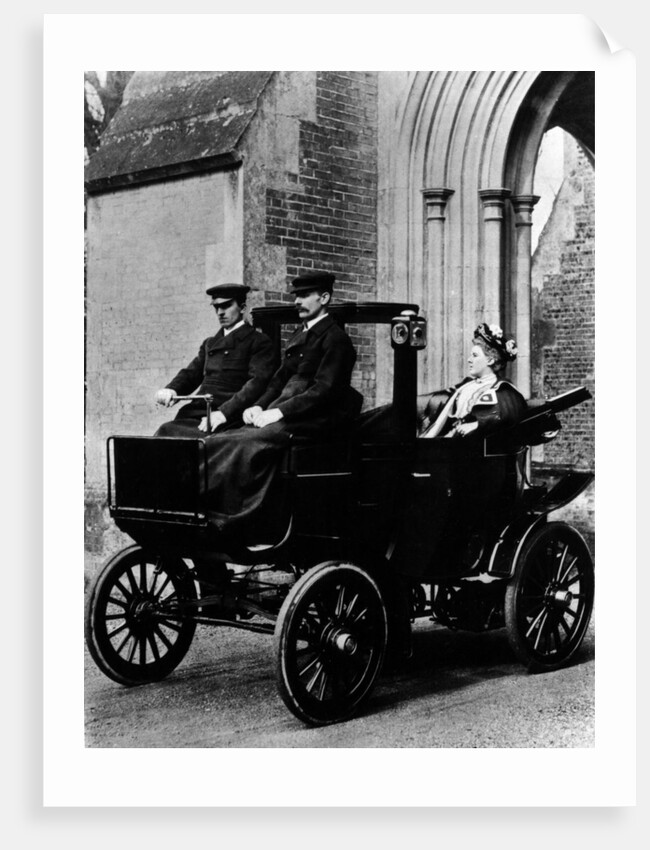 Two chauffeurs driving a convertible City and Suburban electric car by Unknown