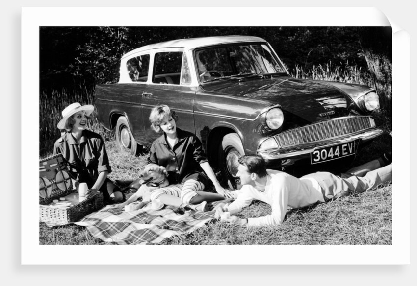 People picnicking with their 1960 Ford Anglia Deluxe, (1960?) by Unknown