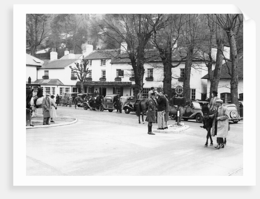 Pedestrians and riders outside the Burford Bridge Hotel, Surrey, (c1930s?) by Unknown