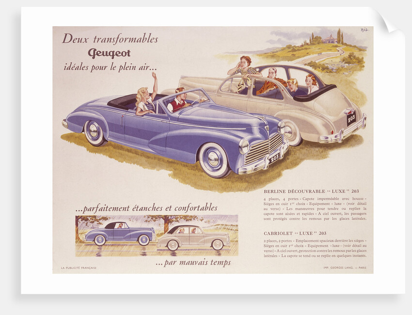 Poster advertising the Peugeot 203, 1952 by Unknown