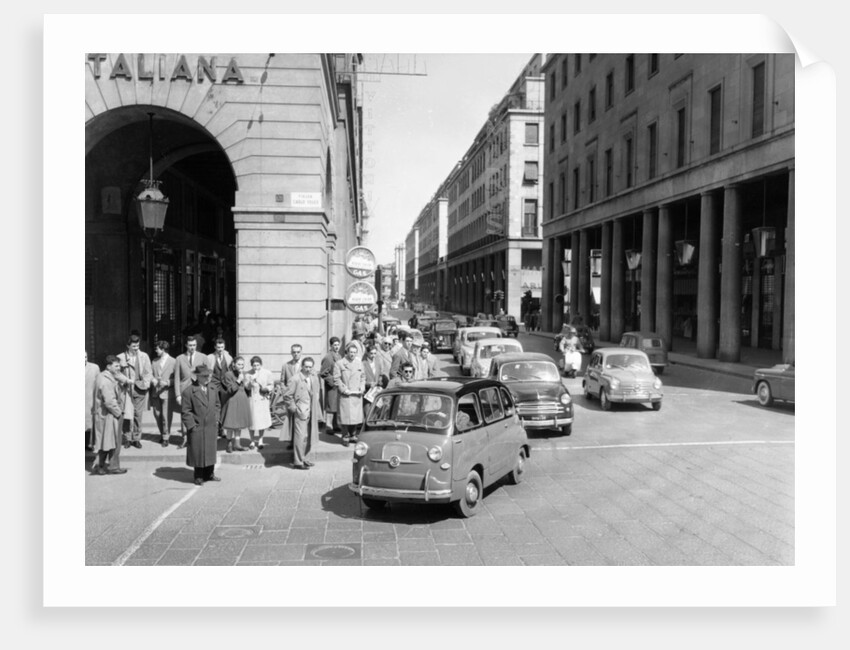 Fiat 600 Multipla leading a procession of Fiats, Italy, (late 1950s?) by Unknown