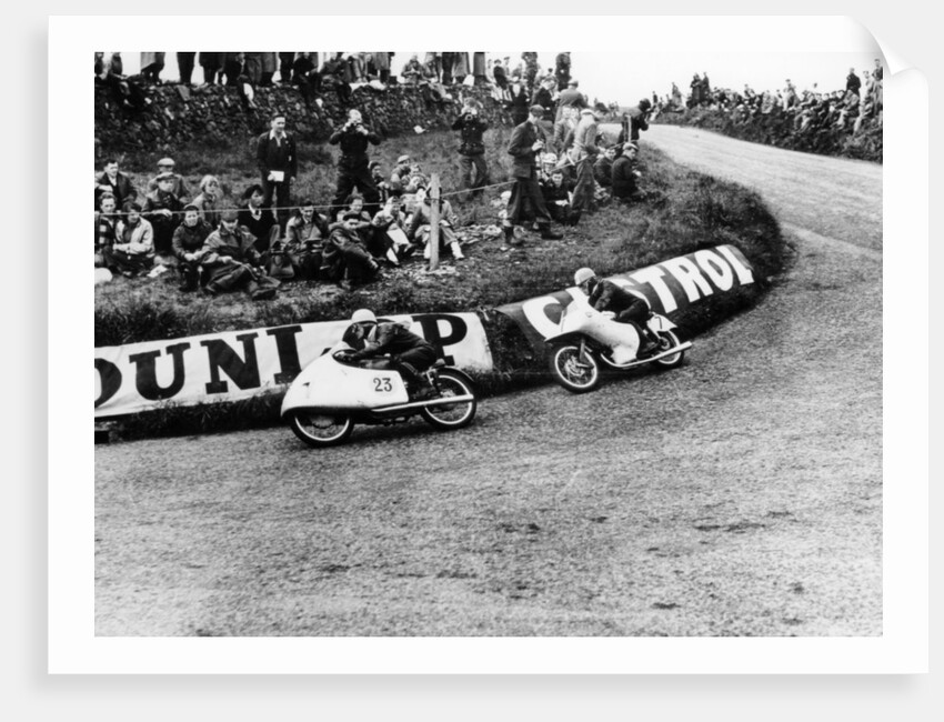 Rupert Hollaus on bike number 23, Carlo Ubbiali on bike number 7, 1954 by Unknown
