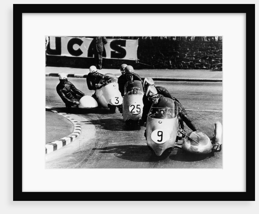 Fritz Scheidegger, Walter Schneider and Helmut Fath competing in a sidecar race, 1959 by Unknown
