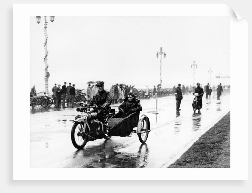 A Bat motorbike and sidecar taking part in the Pioneer Run, Brighton, 1913 by Unknown