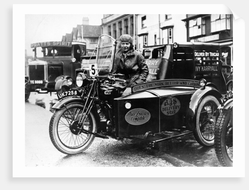 Woman riding a 1929 500cc AJS motorbike, (c1929?) by Unknown