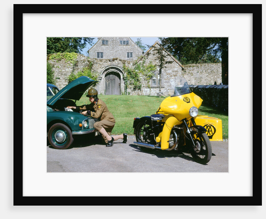 1960 BSA M21 AA Combination motorcycle with 1948 Morris Minor by Unknown