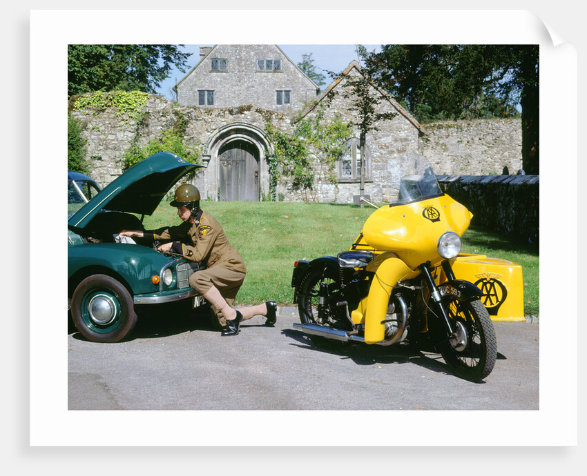 1960 BSA M21 AA Combination motorcycle with 1948 Morris Minor by Unknown